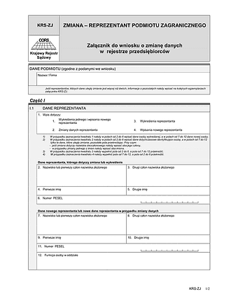 KRS-ZJ Zmiana - reprezentant podmiotu zagranicznego - załącznik do wniosku o zmianę danych w rejestrze przedsiębiorców