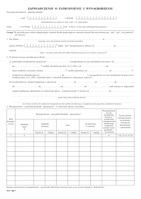 ZUS RP-7 (archiwalny) Zaświadczenie o zatrudnieniu i wynagrodzeniu