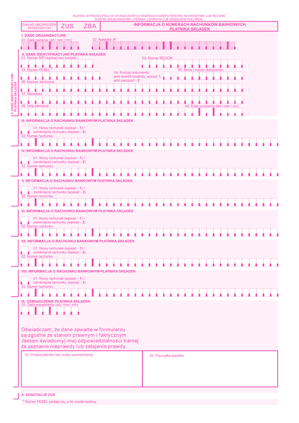 ZUS ZBA Informacja o numerach rachunków bankowych płatnika składek - z wysyłką do PUE ZUS