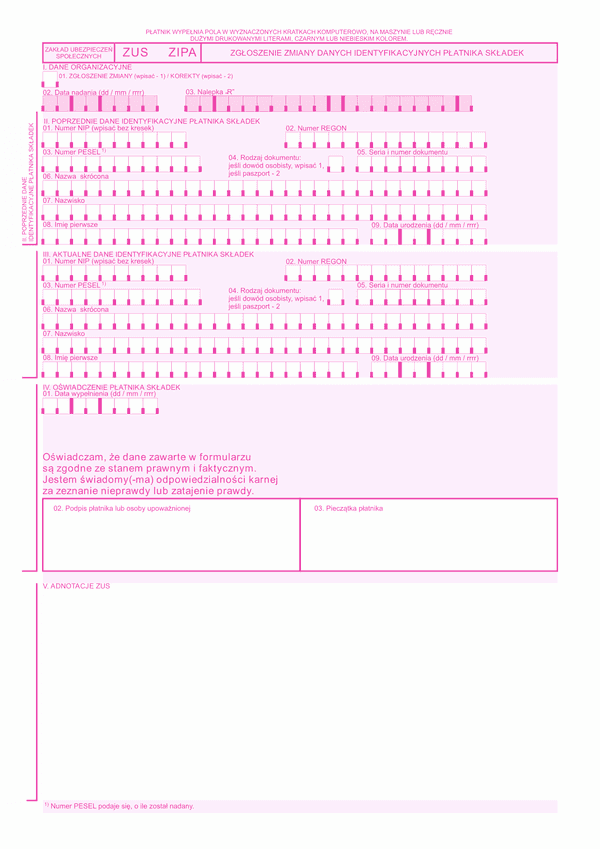 ZUS ZIPA Zgłoszenie zmiany danych identyfikacyjnych płatnika składek