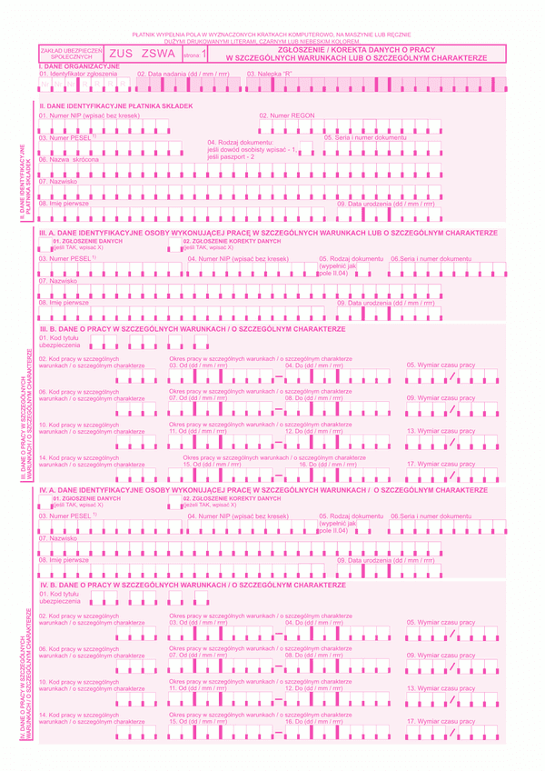ZUS ZSWA (archiwalny) Zgłoszenie / korekta danych o pracy w szczególnych warunkach lub o szczególnym charakterze