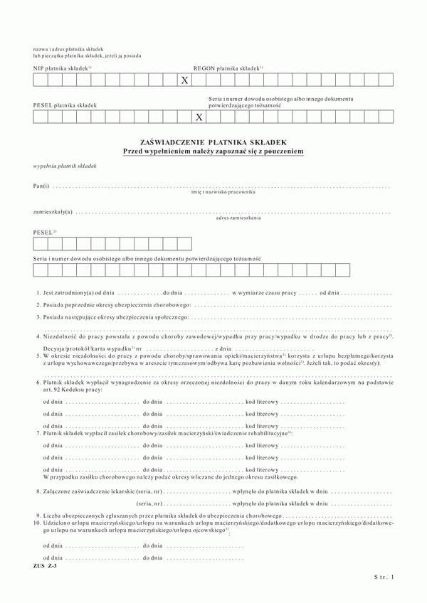 ZUS Z-3 (archiwalny) Zaświadczenie płatnika składek
