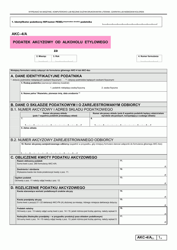 AKC-4/A (3) (od 2012) (archiwalny) Podatek akcyzowy od alkoholu etylowego