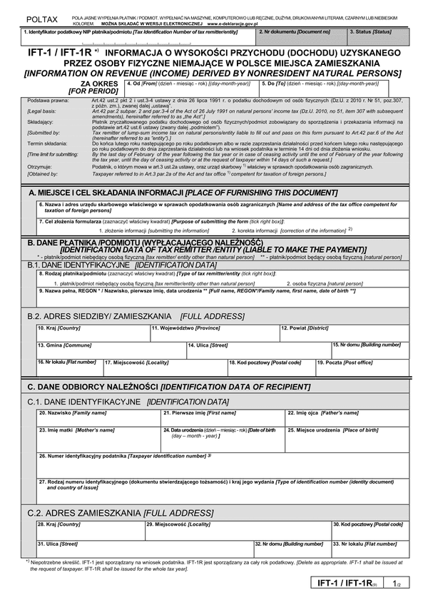 IFT-1/IFT-1R (9) (od 2012) (archiwalny) Informacja o wysokości przychodu (dochodu) uzyskanego przez osoby fizyczne niemające w Polsce miejsca zamieszkania