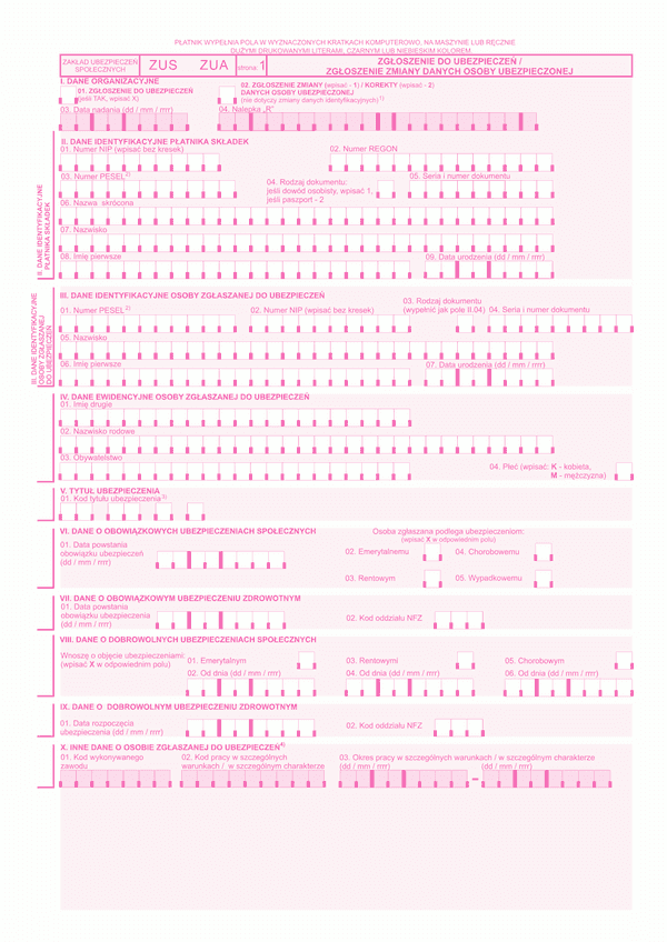 ZUS ZUA  (archiwalny) Zgłoszenie do ubezpieczeń/zgłoszenie zmian danych osoby ubezpieczonej