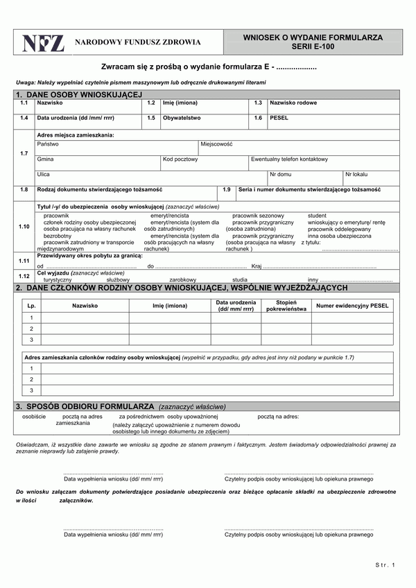 NFZ WNE-100 (archiwalny) Wniosek o wydanie formularza serii E-100