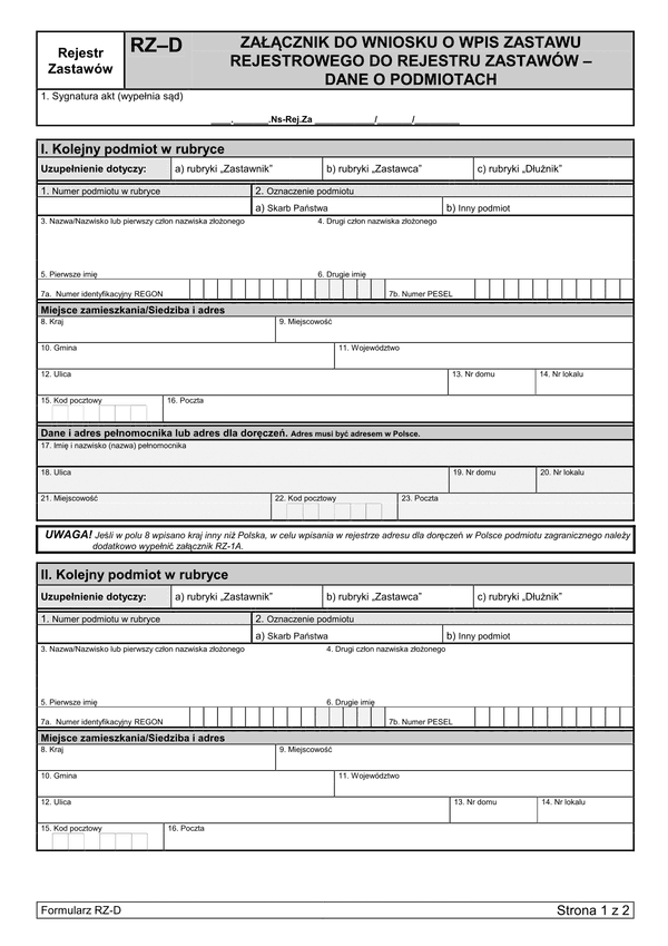 RZ-D Załącznik do wniosku o wpis zastawu rejestrowego do rejestru zastawów – dane o podmiotach
