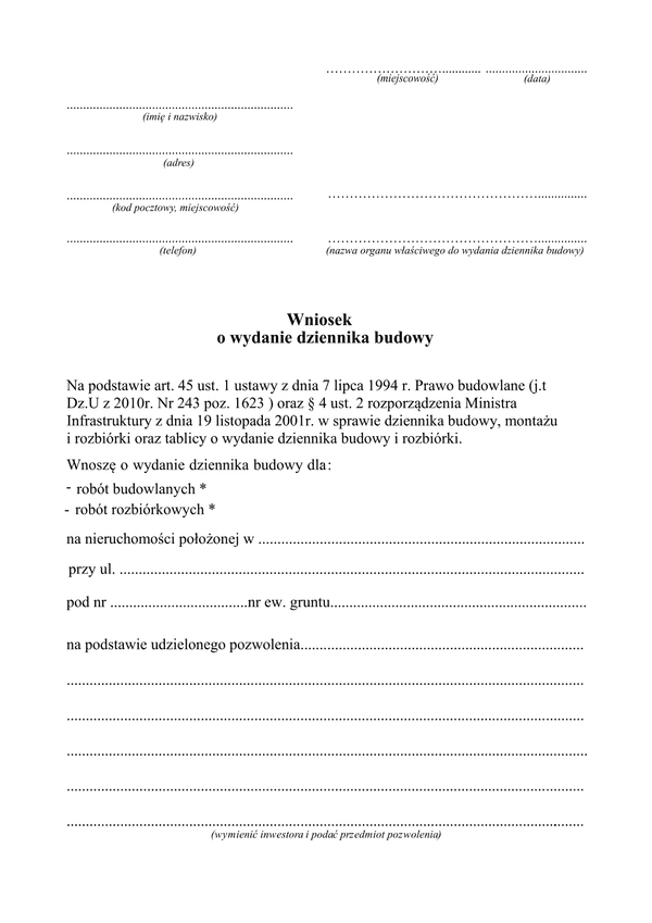WoWDB Wniosek o wydanie dziennika budowy 