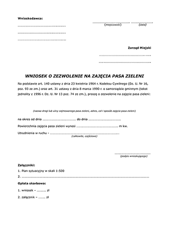 WZPZ Wniosek o zezwolenie na zajęcie pasa zieleni