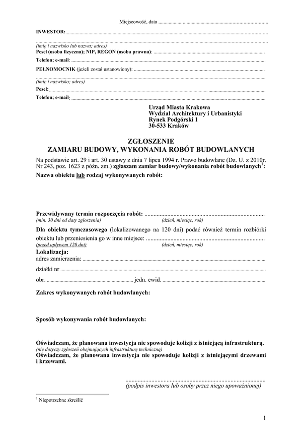 ZRB-Kra (archiwalny) Zgłoszenie zamiaru budowy, wykonania robót budowlanych Kraków
