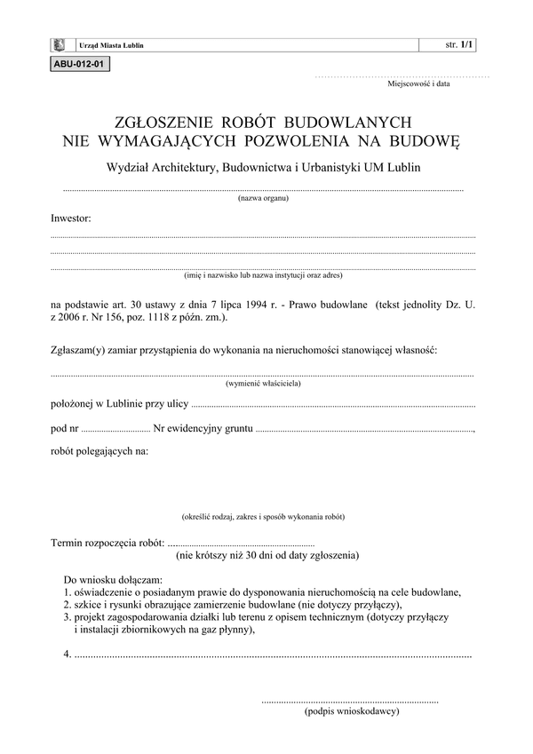 ZRB-L (archiwalny) Zgłoszenie robót budowlanych nie wymagających pozwolenia na budowę Lublin