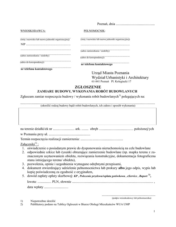 ZRB-Po (archiwalny) Zgłoszenie zamiaru budowy, wykonania robót budowlanych Poznań