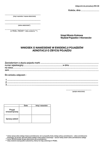 ZZP-Kra Wniosek o naniesienie w ewidencji pojazdów adnotacji o zbyciu pojazdu Kraków