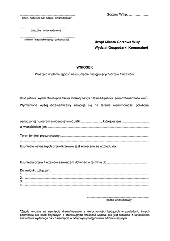 WWD-Gorz Wniosek o wydanie zezwolenia na usunięcie drzew Gorzów Wielkopolski