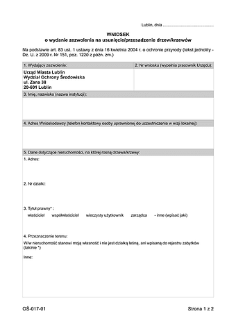 WWD-L Wniosek o wydanie zezwolenia na usunięcie/przesadzenie drzew/krzewów Lublin