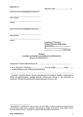WWD-Wa (P) Wniosek o wydanie pozwolenia na usunięcie drzew i krzewów (przedsiębiorca) Warszawa