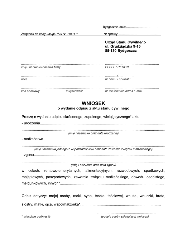 WOWAC-B (archiwalny) Wniosek o wydanie odpisu aktu stanu cywilnego Bydgoszcz