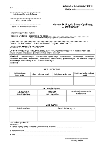 WOWAC-Kr(w) Wniosek o wydanie odpisu z aktu cywilnego - wyslanie na adres Kraków