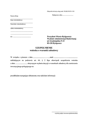 WUWZ-B(U) Uzupełnienie wniosku o warunki zabudowy Bydgoszcz