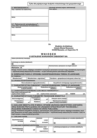 WUWZ-Rz (WP) Wniosek o ustalenie warunków zabudowy (Tylko dla pojedynczego budynku mieszkalnego lub gospodarczego) Rzeszów