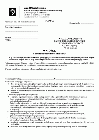 WUWZ-Sz Wniosek o ustalenie warunków zabudowy Szczecin