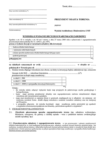 WUWZ-T Wniosek o wydanie decyzji o warunkach zabudowy Toruń