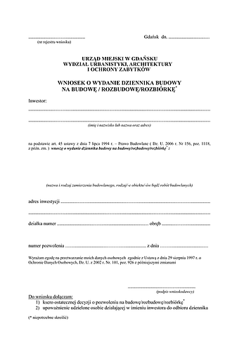 WoWDB-G Wniosek o wydanie dziennika budowy na budowę/rozbudowę/rozbiórkę Gdańsk