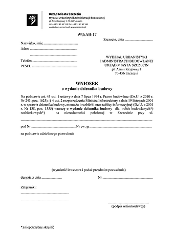 WoWDB-Sz Wniosek o wydanie dziennika budowy Szczecin