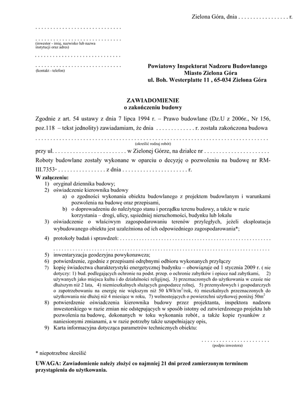 ZZB-mZG (archiwalny) Zawiadomienie o zakończeniu budowy miasto Zielona Góra