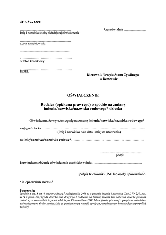 OZIM-Rz(OR) Oświadczenie rodzica o zgodzie na zmianę imienia i nazwiska dziecka Rzeszów