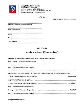 WZIN-Sz Wniosek o zmianę imienia i nazwiska Szczecin