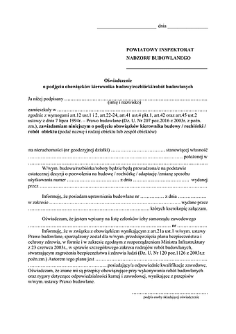 OPOK Oświadczenie o podjęciu obowiązków kierownika budowy/rozbiórki/robót budowlanych