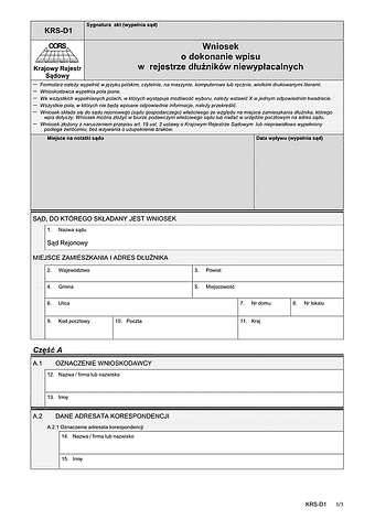 KRS-D1 Wniosek o dokonanie wpisu w rejestrze dłużników niewypłacalnych