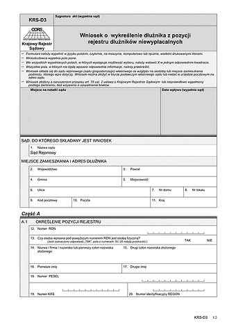 KRS-D3 Wniosek o wykreślenie dłużnika z pozycji rejestru dłużników niewypłacalnych