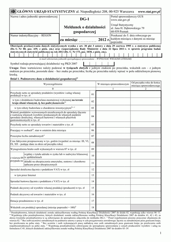GUS DG-1 (2012) (archiwalny) Meldunek o działalności gospodarczej za rok 2012