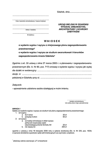 WWMPZ Wniosek o wydanie wypisu i wyrysu z miejscowego planu zagospodarowania przestrzennego / ze studium uwarunkowań i kierunków zagospodarowania miasta Gdańsk