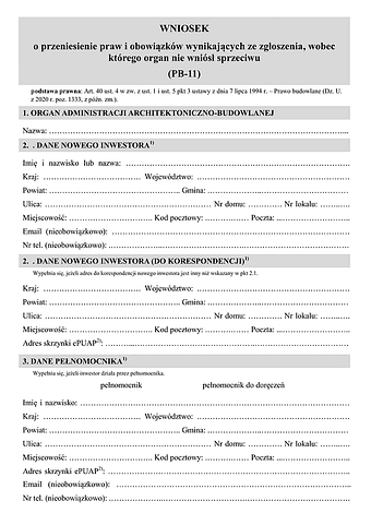 PB-11 Wniosek o przeniesienie praw i obowiązków wynikających ze zgłoszenia, wobec którego organ nie wniósł sprzeciwu