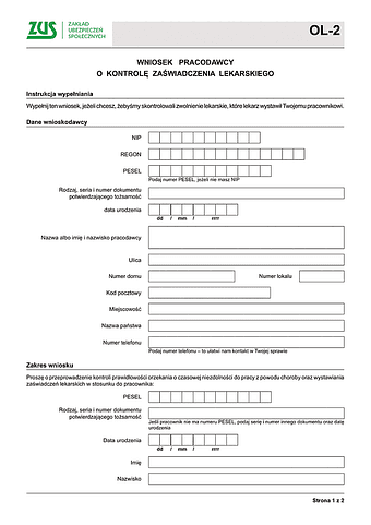 ZUS OL-2 Wniosek pracodawcy o kontrolę zaświadczenia lekarskiego - z wysyłką do PUE ZUS