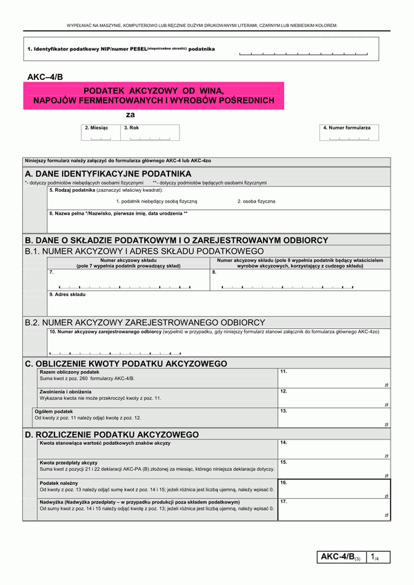 AKC-4/B (3) (od 2012) (archiwalny) Podatek akcyzowy od wina, napojów fermentowanych i wyrobów pośrednich