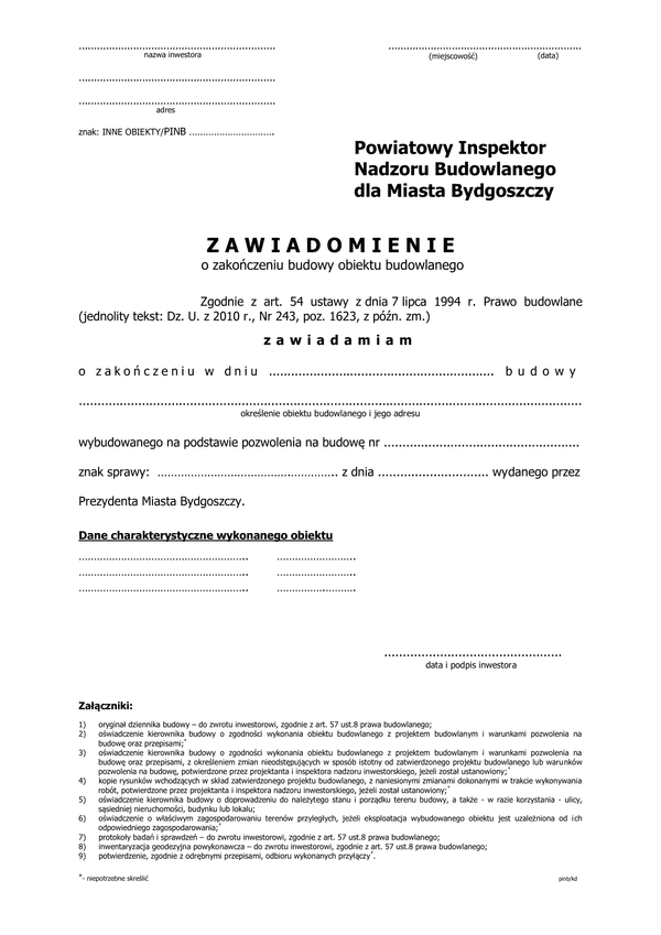 ZZB-mB (i) (archiwalny) Zawiadomienie o zakończeniu budowy - inne obiekty miasto Bydgoszcz