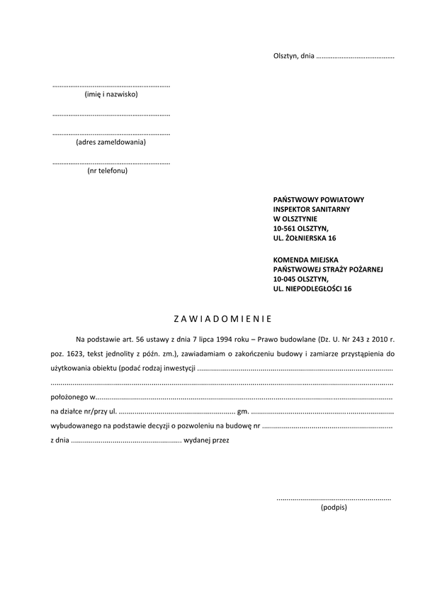 ZZB-Ol (archiwalny) Zawiadomienie o zakończeniu budowy Olsztyn