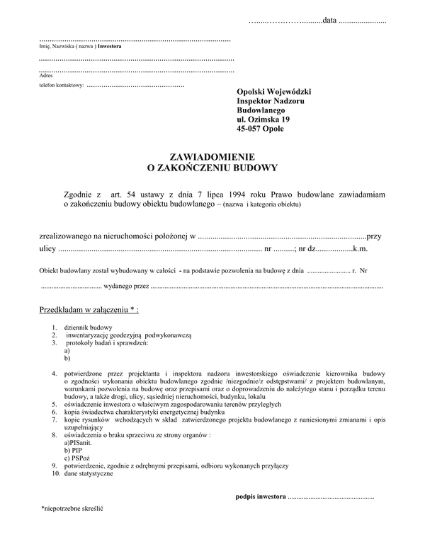 ZZB-Op (archiwalny) Zawiadomienie o zakończeniu budowy Opole