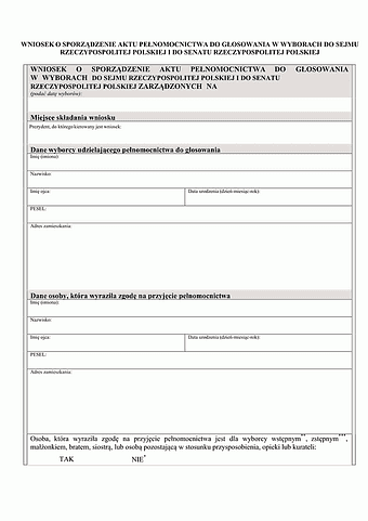 WoSAP-SS Wniosek o sporządzenie aktu pełnomocnictwa do głosowania w wyborach do Sejmu Rzeczypospolitej Polskiej i Senatu Rzeczypospolitej Polskiej