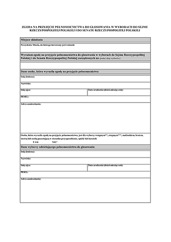 ZPPdGwW-SeRP Zgoda na przyjęcie pełnomocnictwa do głosowania w wyborach do Sejmu Rzeczypospolitej Polskiej i do Senatu Rzeczypospolitej Polskiej