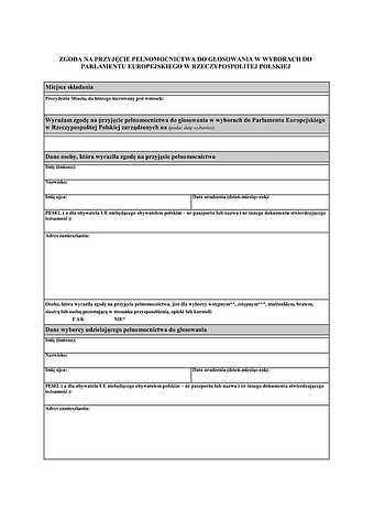 ZPPdGwW-PE Zgoda na przyjęcie pełnomocnictwa do głosowania w wyborach do Parlamentu Europejskiego w Rzeczypospolitej Polskiej