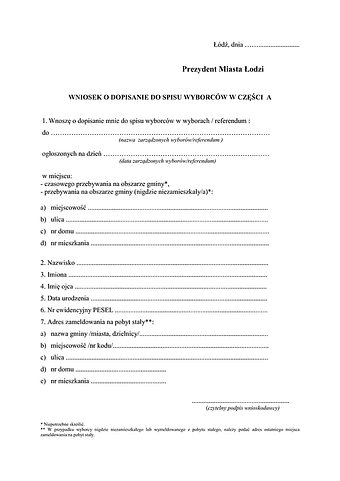 WDSW-Ł Wniosek o dopisanie do spisu wyborców Łódź