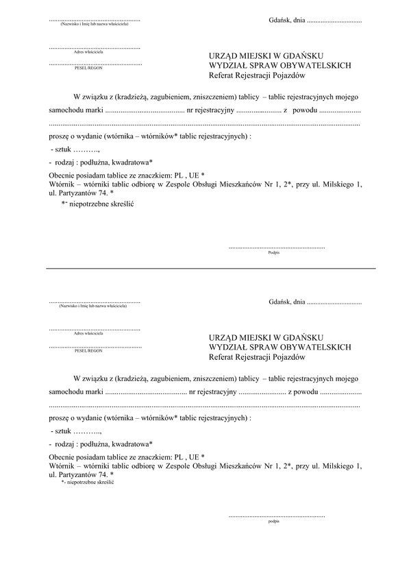 WoWDT-G (archiwalny) Wniosek o wydanie wtórnika tablic rejestracyjnych Gdańsk