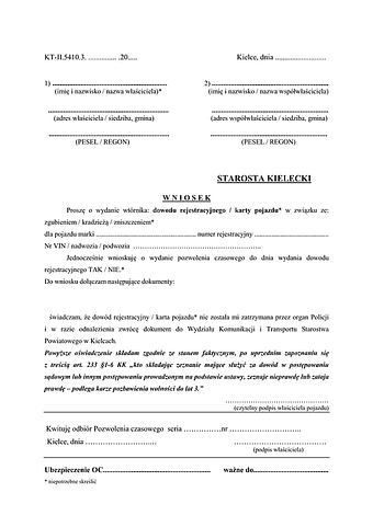 WoWDKP-K Wniosek o wydanie wtórnika dowodu rejestracyjnego/karty pojazdu Kielce