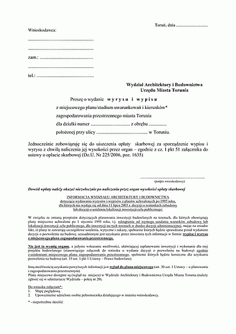 WoWW-T Wniosek o wydanie wypisu i wyrysu z miejscowego planu/studium uwarunkowań i kierunków zagospodarowania przestrzennego miasta Torunia