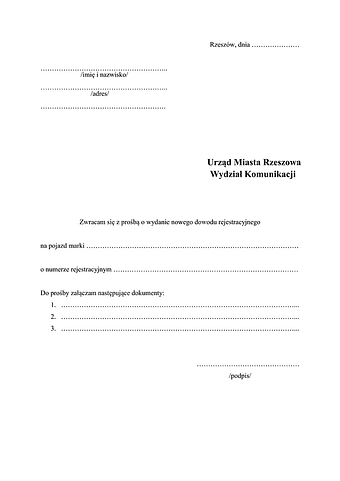 WoWDR-Rz (bm) Wniosek o wymianę dowodu rejestracyjnego z powodu braku miejsca na wpis Rzeszów